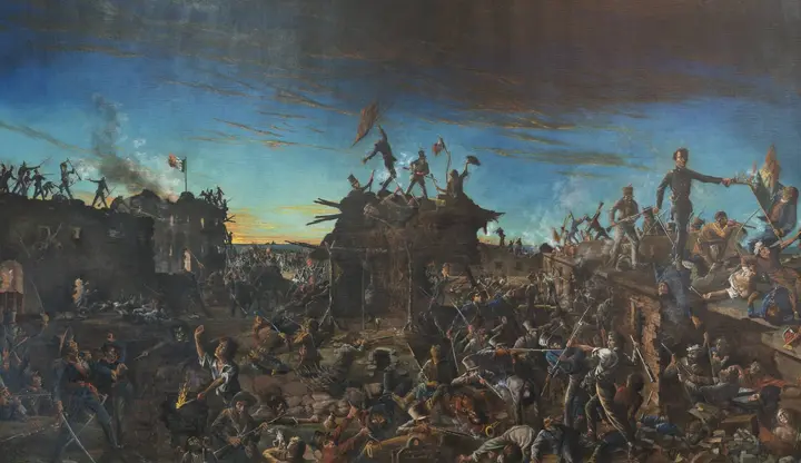 Dawn at the Alamo: Travis stands on the north wall battery as the columns come over (Henry Arthur McArdle, 1905, Texas Senate Chamber).