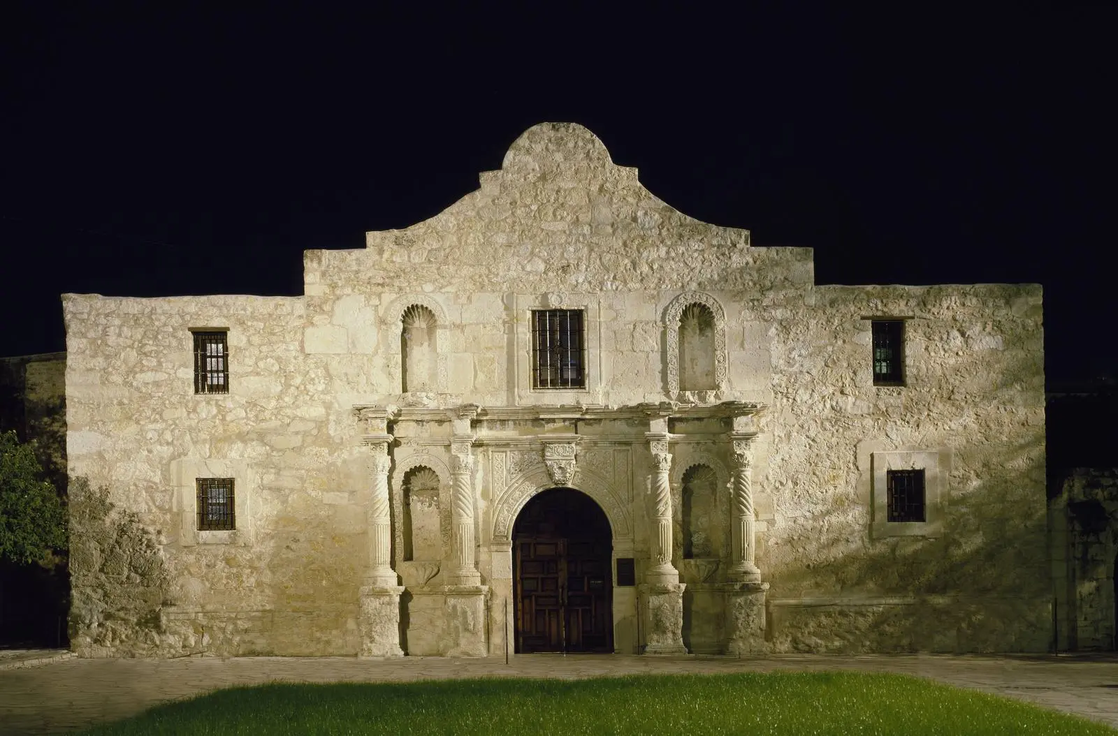 The Alamo church at night, San Antonio. Its walls of local limestone are about four feet thick.