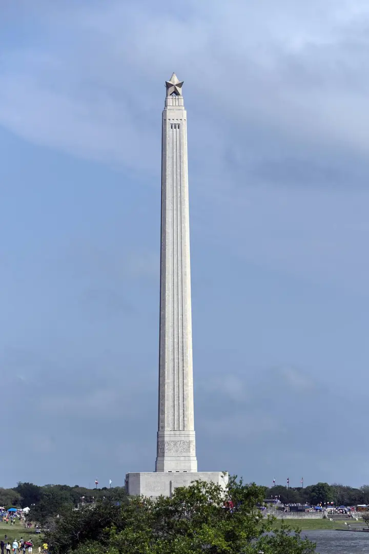 The San Jacinto Monument, 567 feet tall and crowned with a Lone Star, rises over the battlefield where Texas won its freedom.