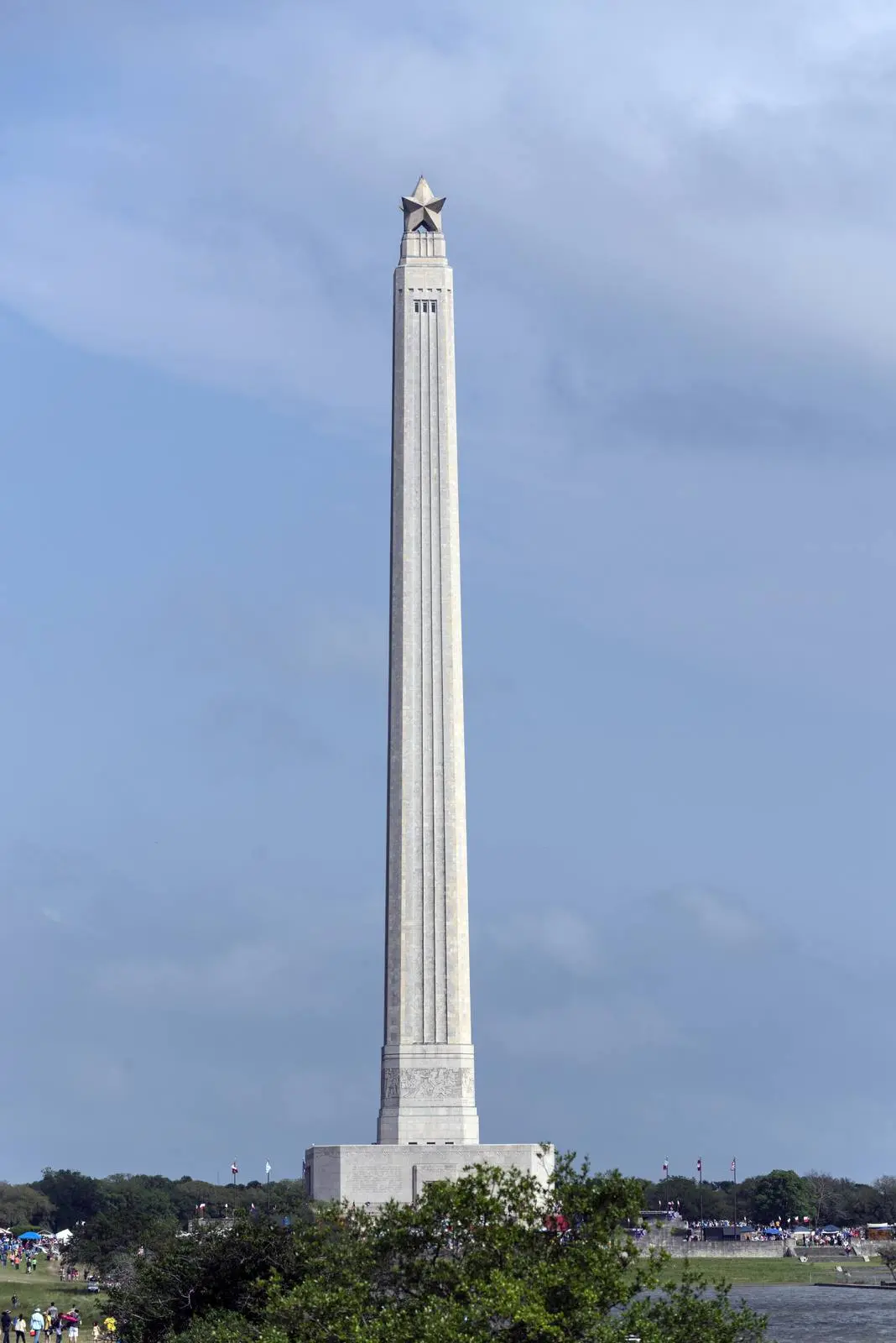 The San Jacinto Monument, 567 feet tall and crowned with a Lone Star, rises over the battlefield where Texas won its freedom.