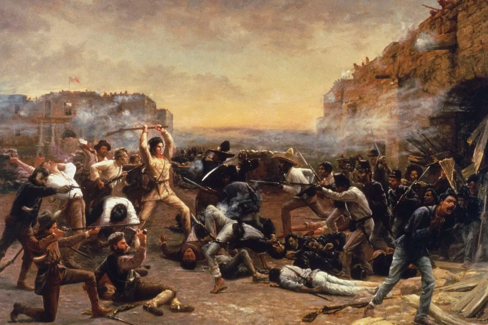 The Fall of the Alamo: David Crockett swings his rifle as the Mexican assault breaks over the walls on 6 March 1836 (Robert Jenkins Onderdonk, c. 1903).