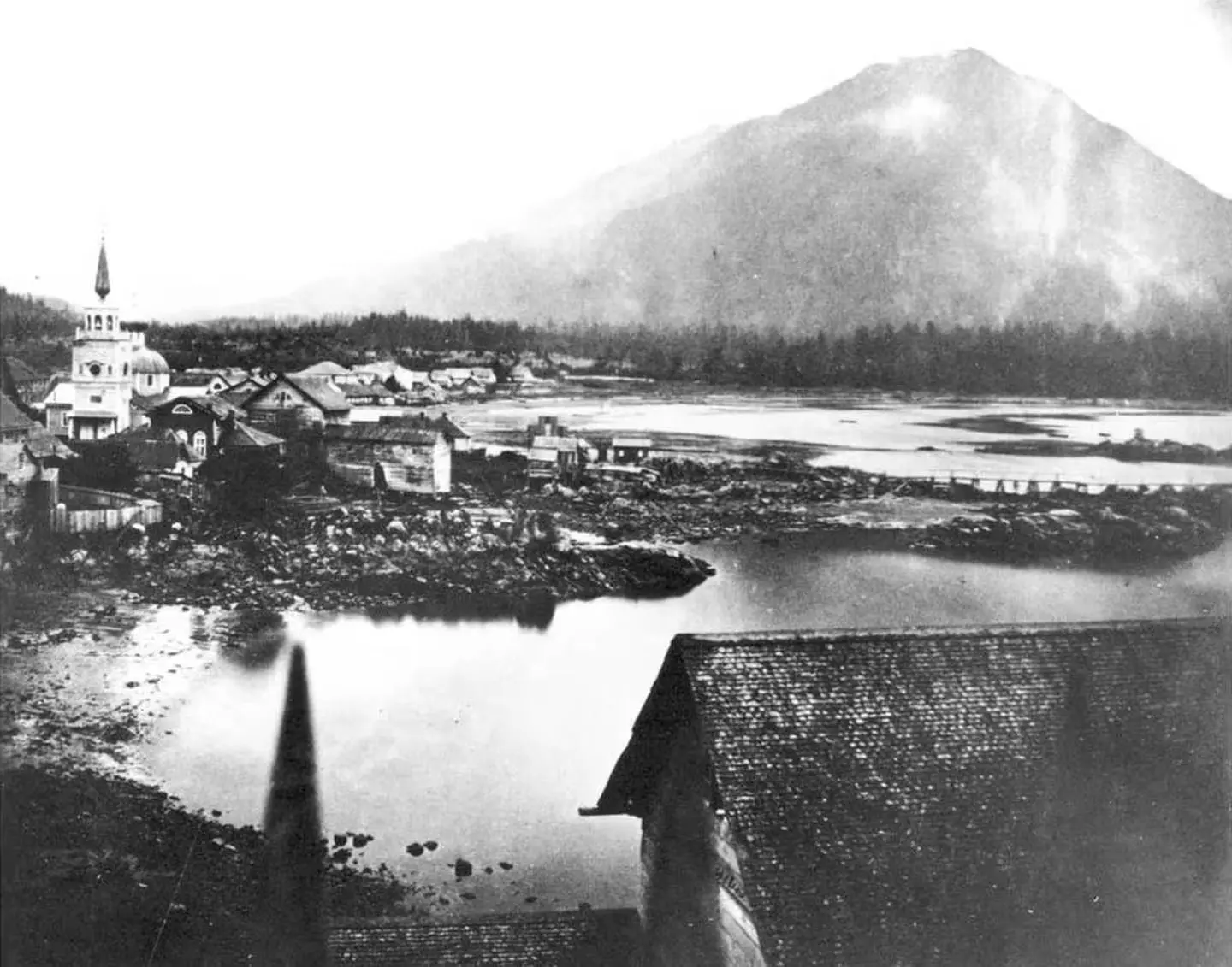 Sitka from the governor’s garden in 1868, the year after the transfer. St. Michael’s Cathedral stands at left.