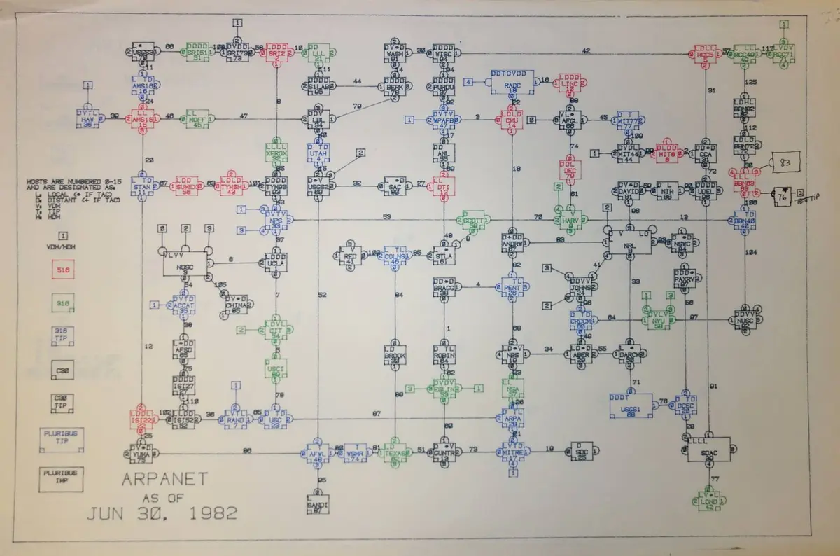 BBN’s map of the ARPANET as of 30 June 1982, months before the switch to TCP/IP
