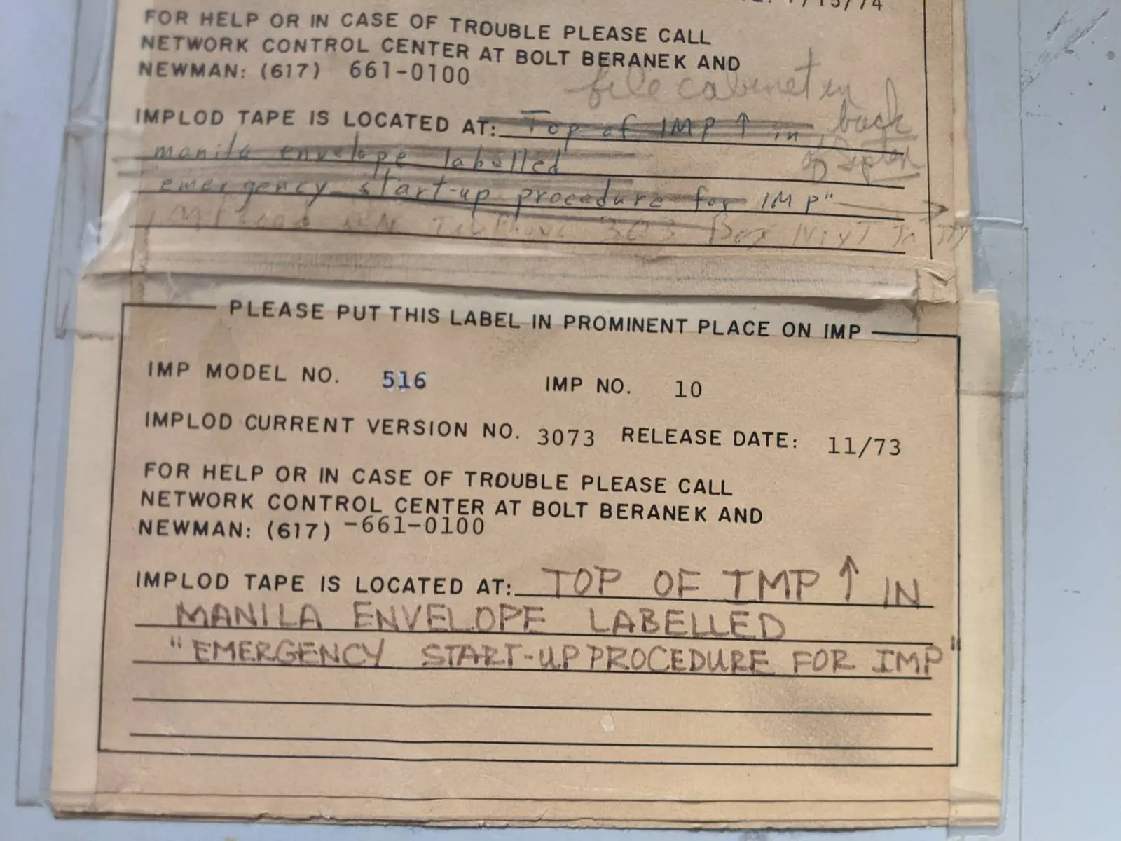 Service label on an IMP at the Computer History Museum: model 516, IMP No. 10, with the phone number of BBN’s Network Control Center