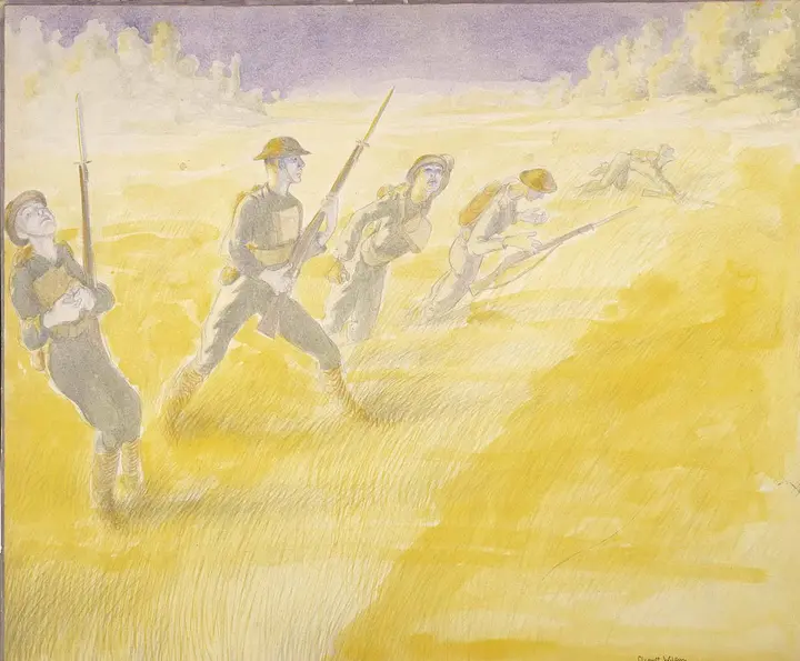 First Attack on the Bois de Belleau, June 6, 1918, at Five O'Clock: 3rd Battalion, 5th Marines advancing. Watercolor by Claggett Wilson, a Marine lieutenant who fought in the wood