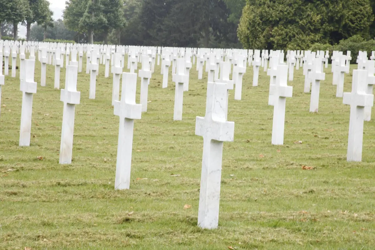 White marble crosses mark the 2,289 graves of Aisne-Marne American Cemetery, at the foot of Belleau Wood