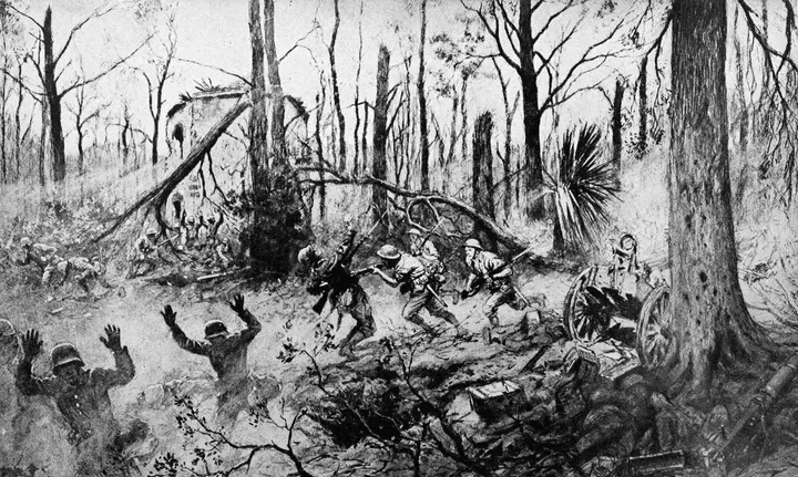 U.S. Marines fight their way through Belleau Wood, June 1918, in a painting by French artist Georges Scott