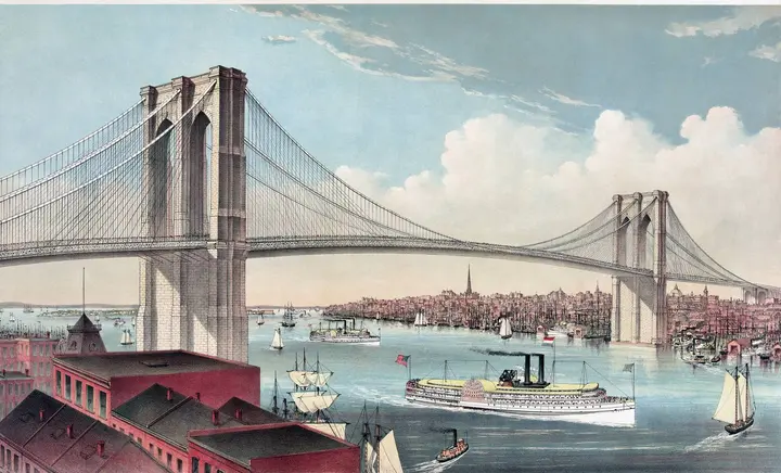 The Great East River Suspension Bridge, seen from Brooklyn looking west, 1883.