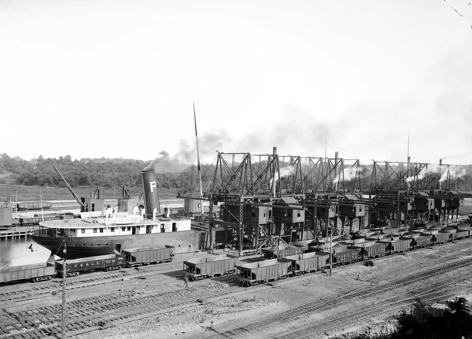 Hoists unload Lake Superior iron ore at Conneaut, Ohio, the Lake Erie port of Carnegie’s railroad to Pittsburgh, about 1900.