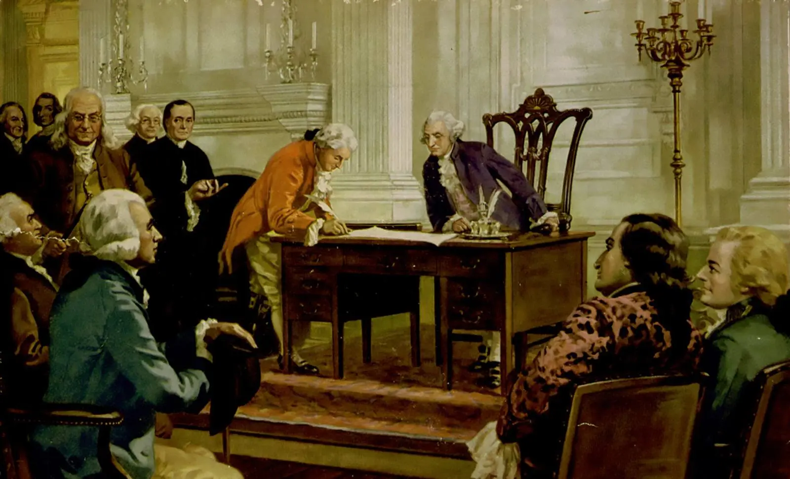 Washington watches Gouverneur Morris sign while Franklin looks on (Henry Hintermeister, The Foundation of American Government, 1925).