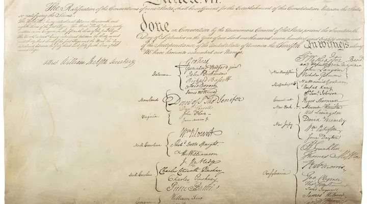 The signatures on the last page of the Constitution, grouped by state.