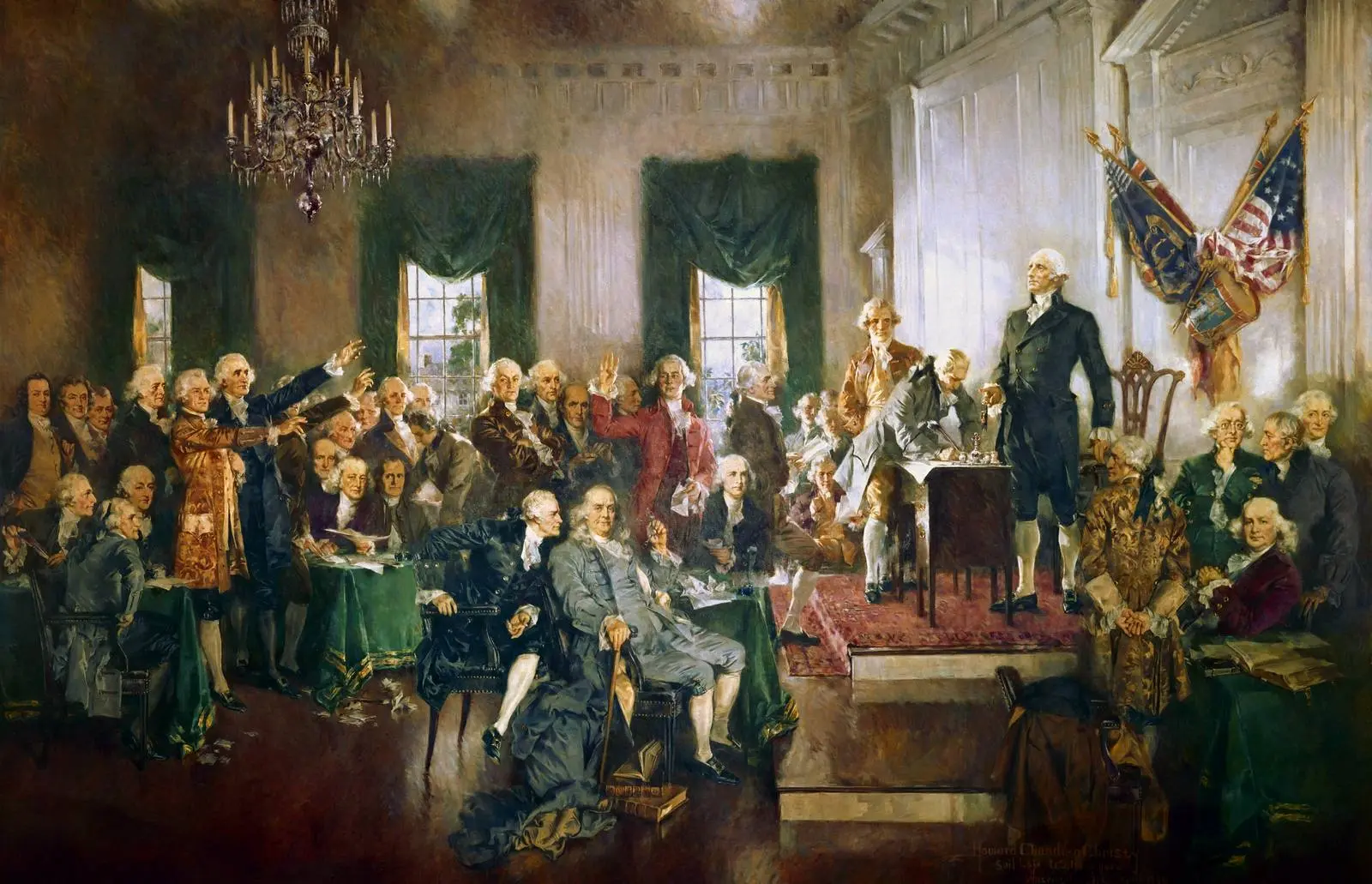Washington stands at the head of the Assembly Room as the delegates sign the Constitution, 17 September 1787 (Howard Chandler Christy, 1940).