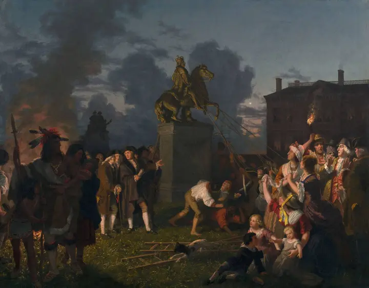 The Sons of Freedom pull down the gilded statue of King George III at Bowling Green, New York, after the Declaration is read on July 9, 1776 (Johannes Oertel, 1859).