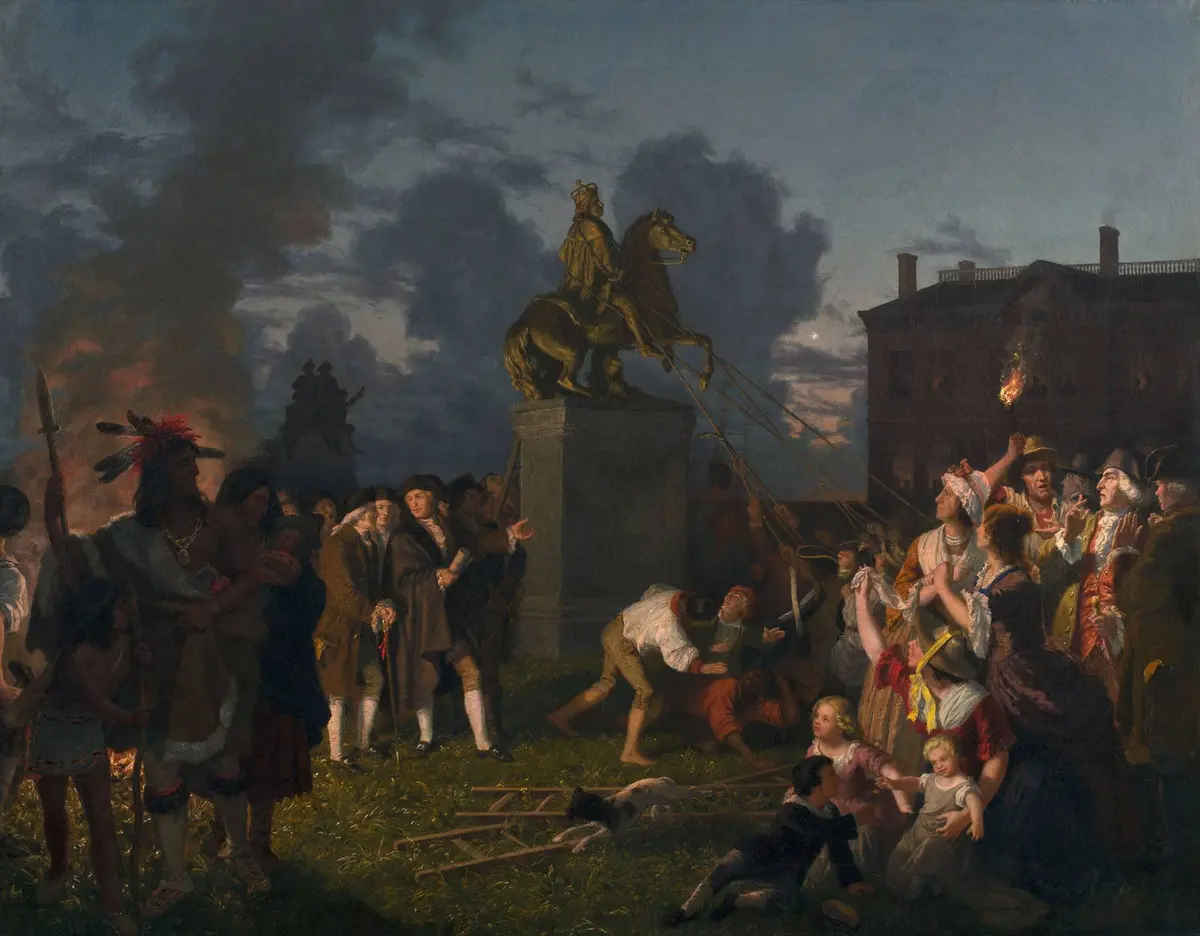 The Sons of Freedom pull down the gilded statue of King George III at Bowling Green, New York, after the Declaration is read on July 9, 1776 (Johannes Oertel, 1859).
