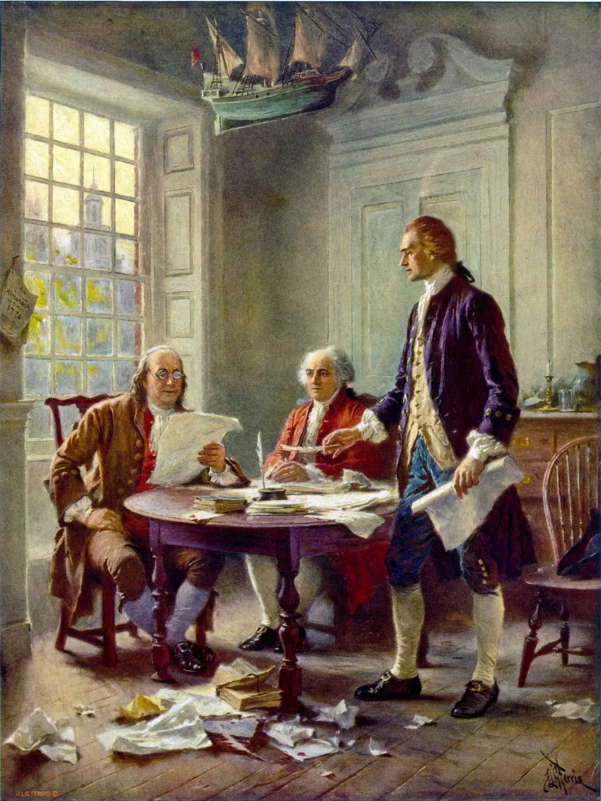 Franklin, Adams and Jefferson review the draft in Jefferson's Philadelphia lodgings (Jean Leon Gerome Ferris, "Writing the Declaration of Independence, 1776").