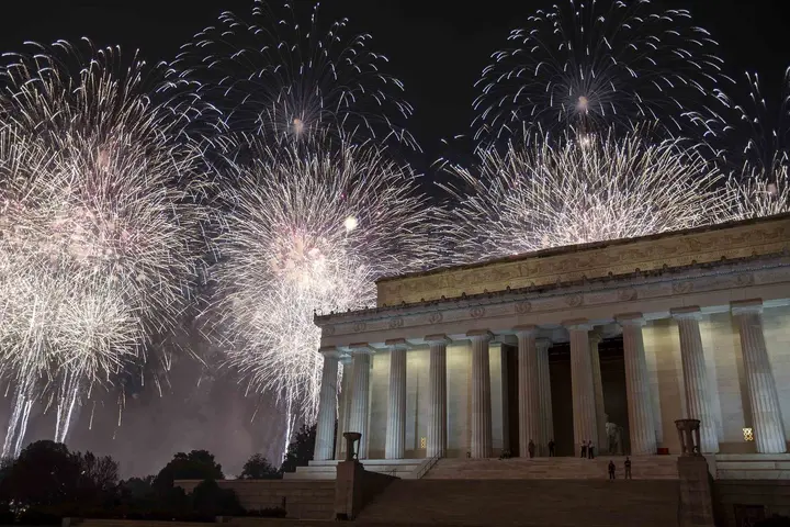 Fireworks burst over the Lincoln Memorial on July 4, 2026, the Declaration's 250th birthday.