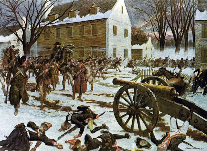 The Battle of Trenton, 26 December 1776: Continentals storm the town in the snow (H. Charles McBarron Jr.).