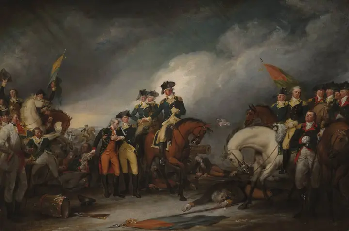 The Capture of the Hessians at Trenton (John Trumbull): the mortally wounded Colonel Rall before Washington.