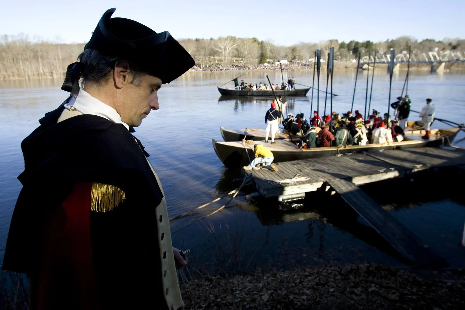 Reenactors cross the Delaware at Washington Crossing, as they do every Christmas Day.