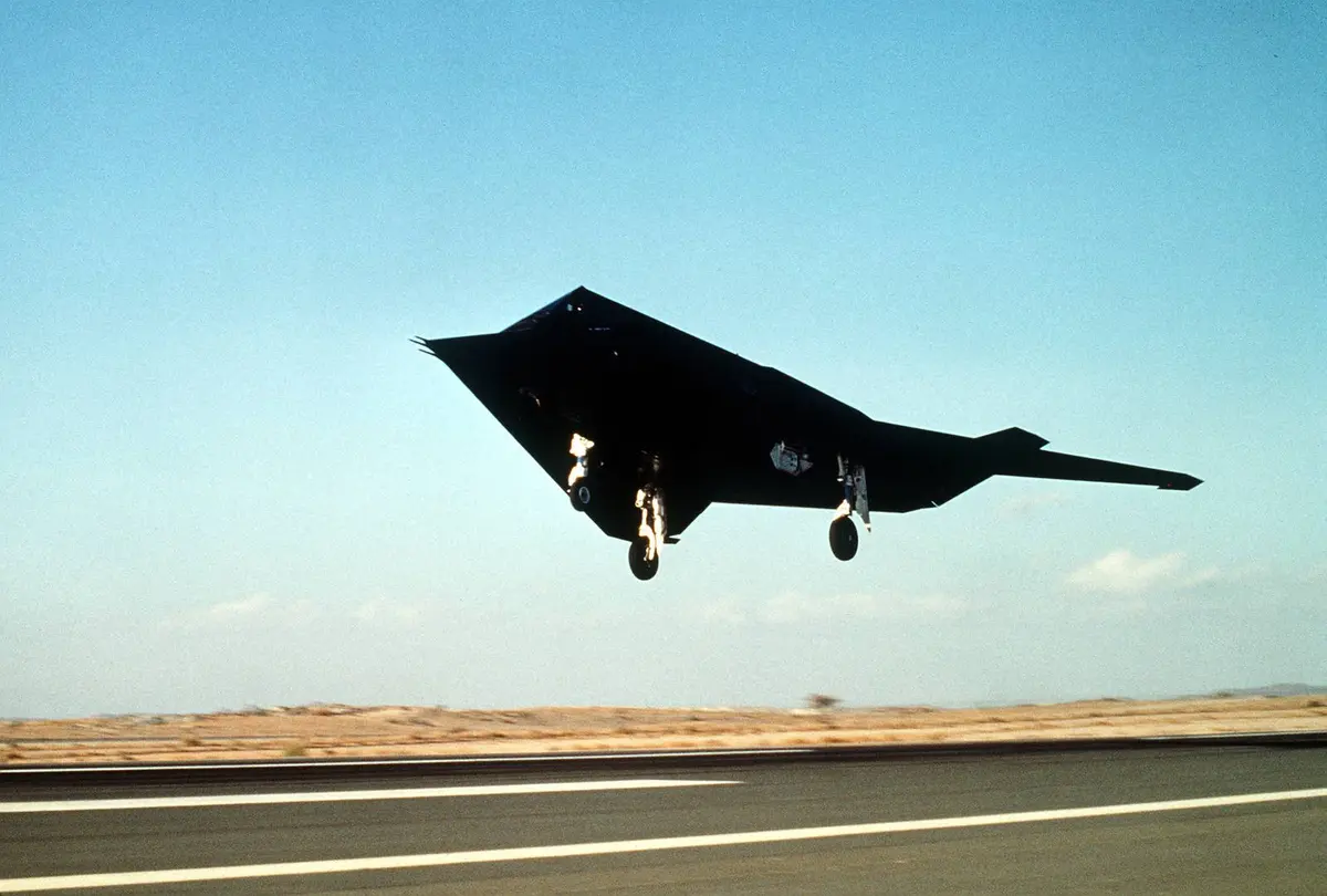 A 37th Tactical Fighter Wing F-117 stealth fighter takes off on a mission during Operation Desert Storm, 10 February 1991.
