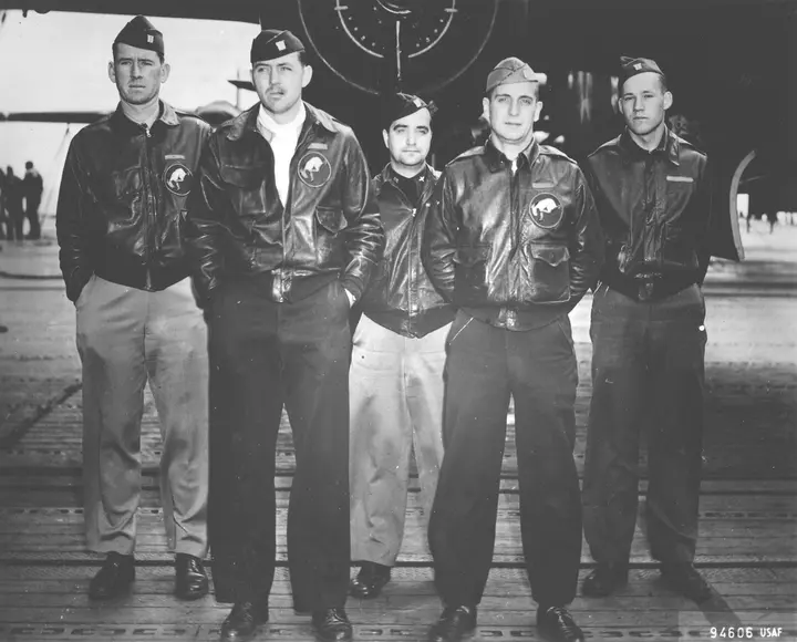 The crew of the Ruptured Duck, plane No. 7: Lt. Ted Lawson and Lt. Dean Davenport in front, Lt. Charles McClure, Lt. Robert Clever and Sgt. David Thatcher behind.