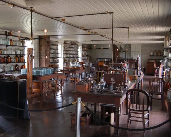 The upstairs laboratory at Menlo Park, rebuilt by Henry Ford at Greenfield Village, where Edison’s team made the carbon lamp