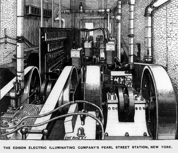Steam engines and dynamos inside the Edison Electric Illuminating Company’s Pearl Street Station, from a period engraving