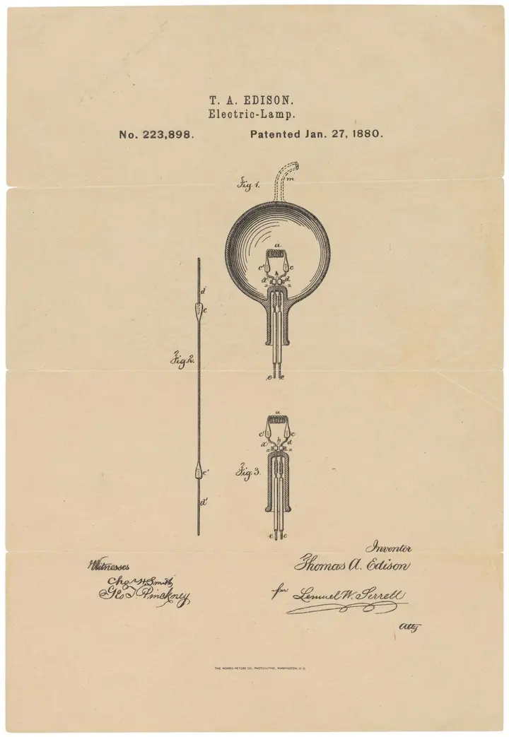 Edison’s patent drawing for the electric lamp, U.S. Patent 223,898, granted 27 January 1880