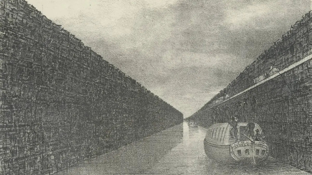 The Deep Cut at Lockport, blasted through solid rock above the locks, drawn by George Catlin for Colden's Memoir of the celebration, 1825
