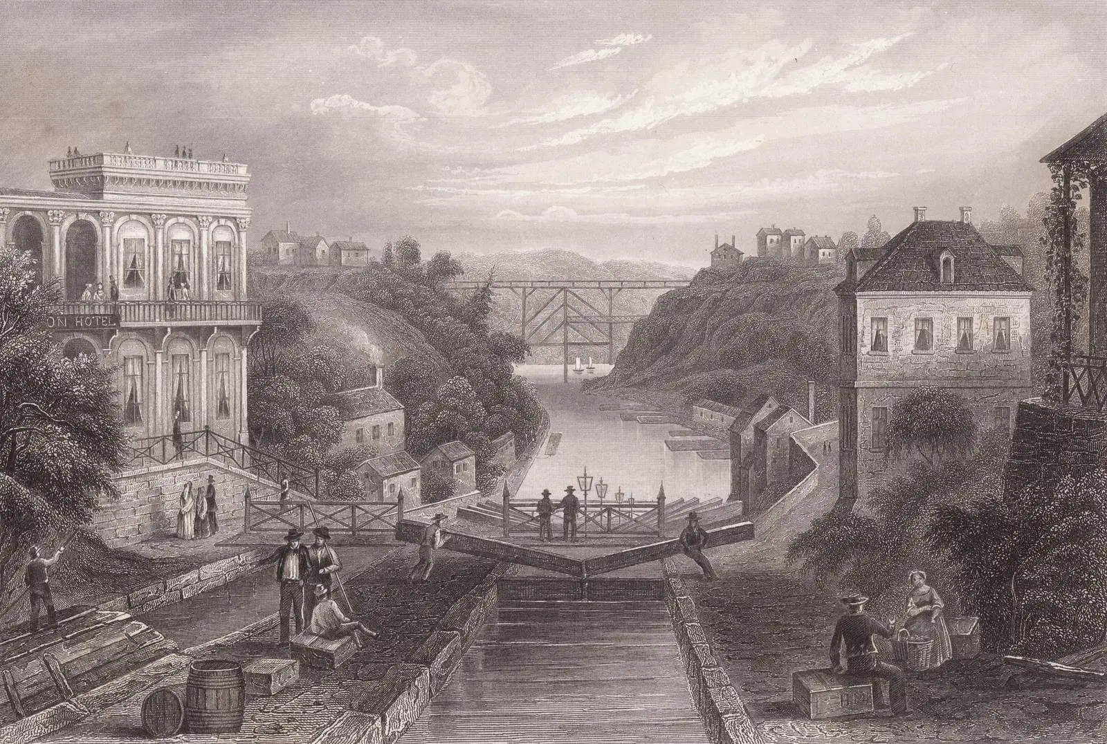 The locks at Lockport, where the canal climbs the Niagara Escarpment, in a lithograph published about 1855