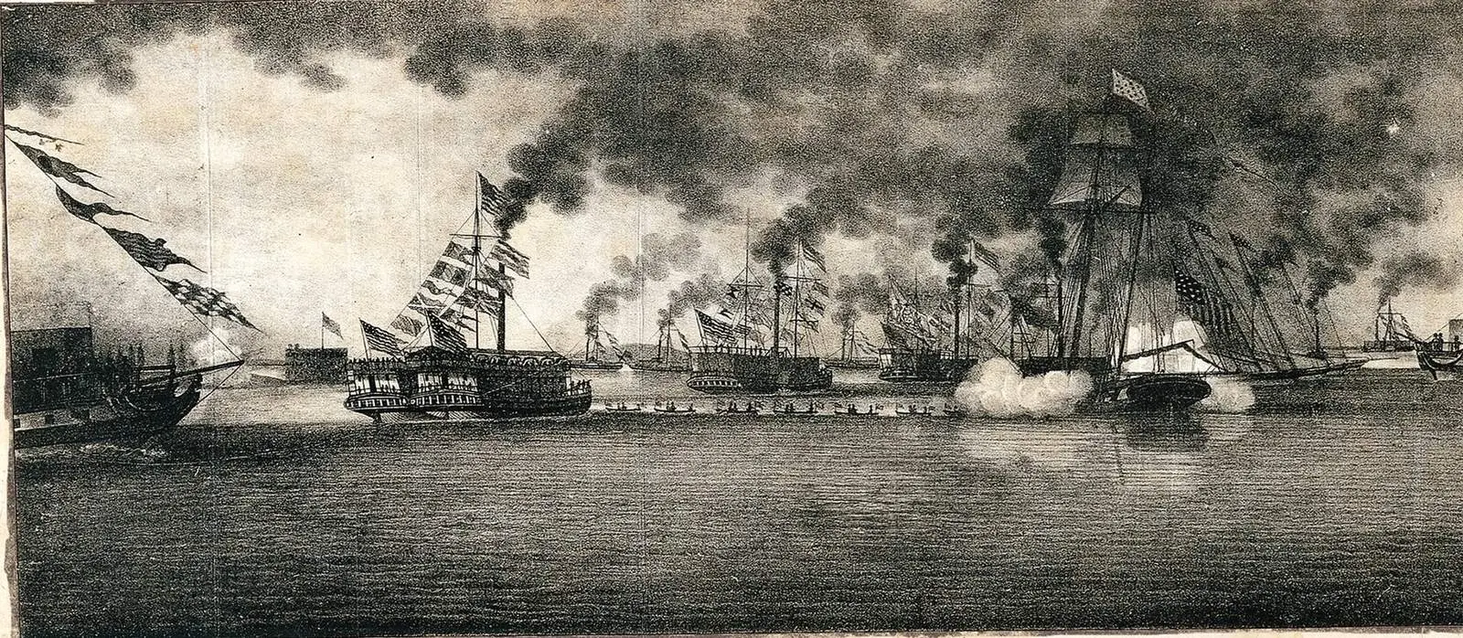 Grand Canal Celebration: the fleet forms in line in New York Harbor to escort the canal boats to the sea, 4 November 1825