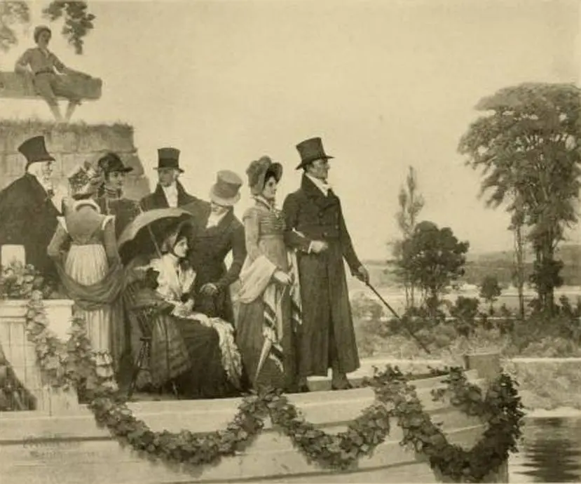 Dignitaries ride a garlanded canal boat through the Mohawk Valley at the 1825 opening, from C. Y. Turner's 1905 mural Opening of the Erie Canal