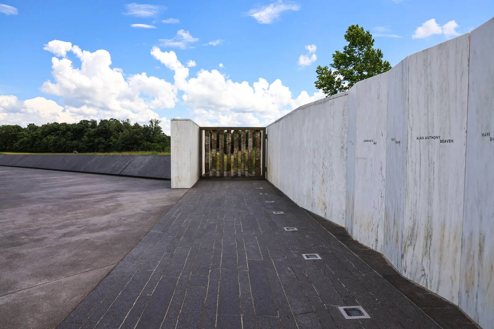The Wall of Names at the Flight 93 National Memorial, with the Ceremonial Gate looking out toward the crash site