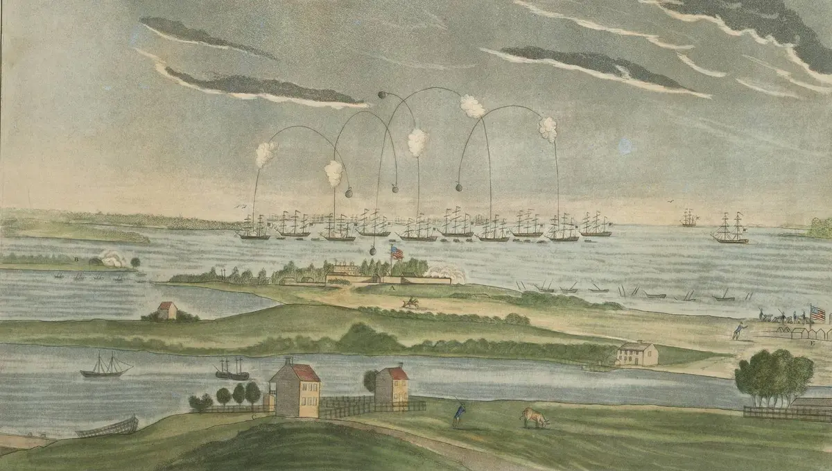 A View of the Bombardment of Fort McHenry: British bomb ships shell the fort on the morning of 13 September 1814 (John Bower, aquatint, c. 1816).