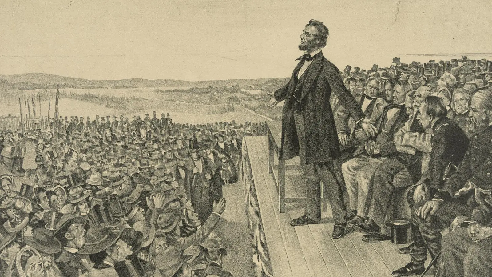 Lincoln speaks at the dedication of the Soldiers' National Cemetery, 19 November 1863, as imagined in a Sherwood Lithograph Co. print of about 1905.