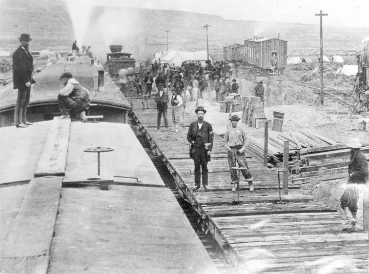 The Central Pacific camp near Victory, Utah, on 28 April 1869, the day its crews laid ten miles of track