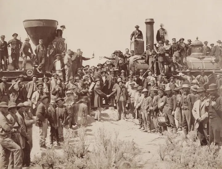 East and West Shaking Hands at Laying Last Rail, Promontory Summit, May 10, 1869