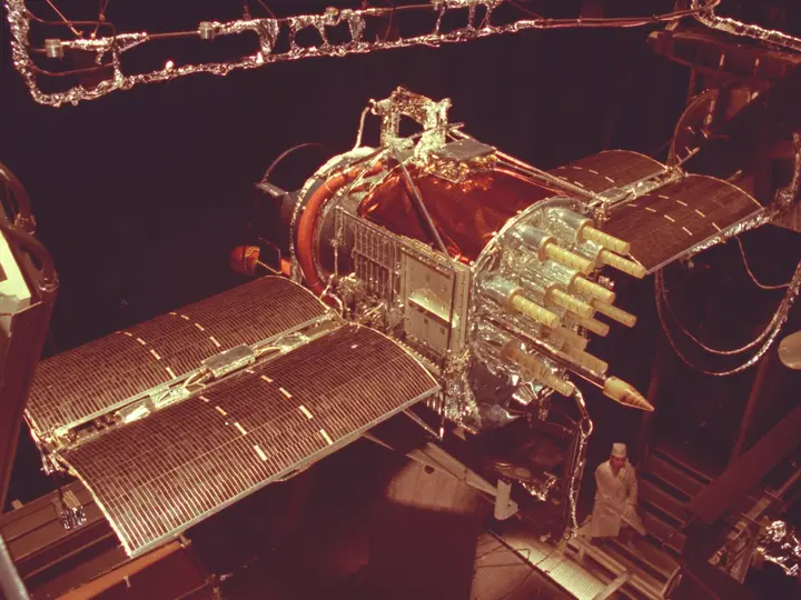 A full-scale GPS satellite in the Mark I space chamber at Arnold Engineering Development Center, Tennessee, in 1977, a year before the first launch.