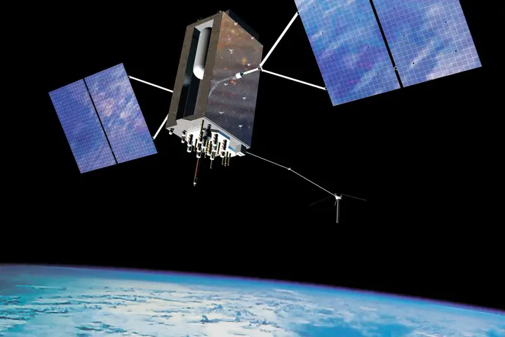 A GPS Block IIIA satellite in orbit, 12,550 miles above the Earth (artist's impression).