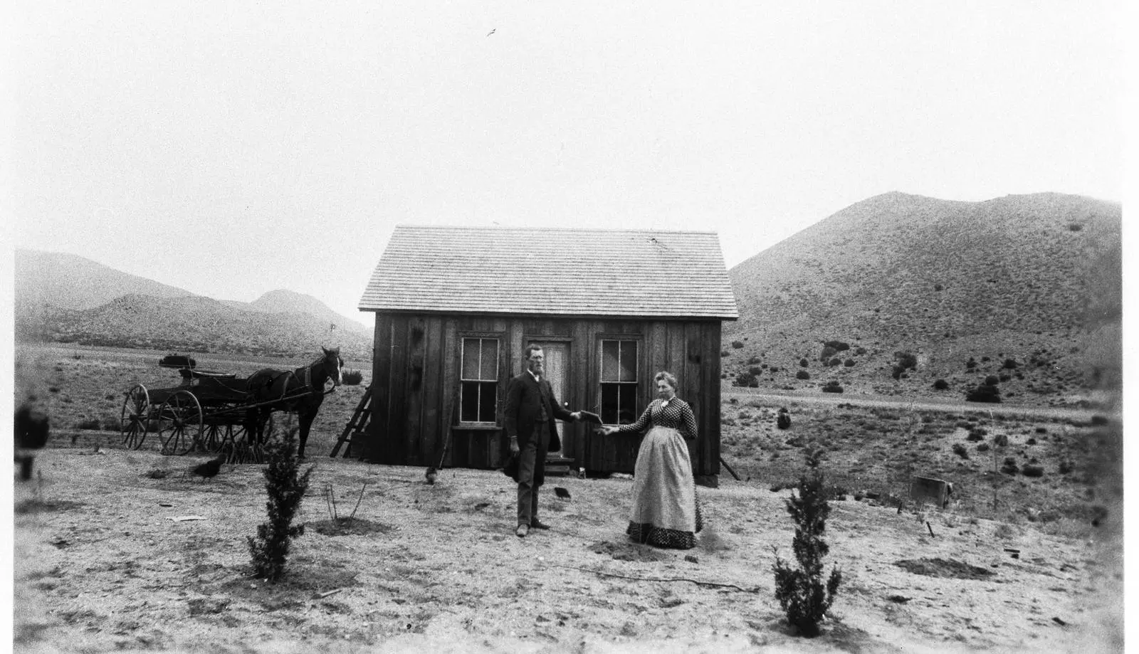 A California homesteader receives the patent to her land in front of her new house, about 1895 to 1905.
