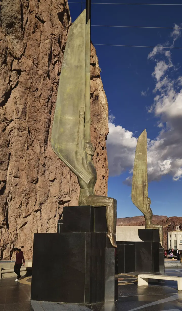 Oskar J.W. Hansen's 30-foot bronze Winged Figures of the Republic at the dam's Nevada end, dedicated 1938 (photographed 2018)