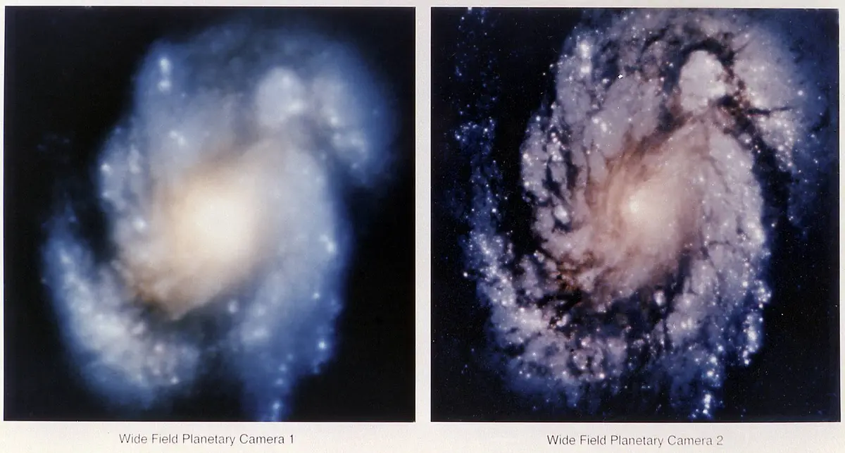 The proof, released 13 January 1994: the core of galaxy M100 through Hubble’s original camera (left) and through the new Wide Field and Planetary Camera 2 installed in orbit (right).