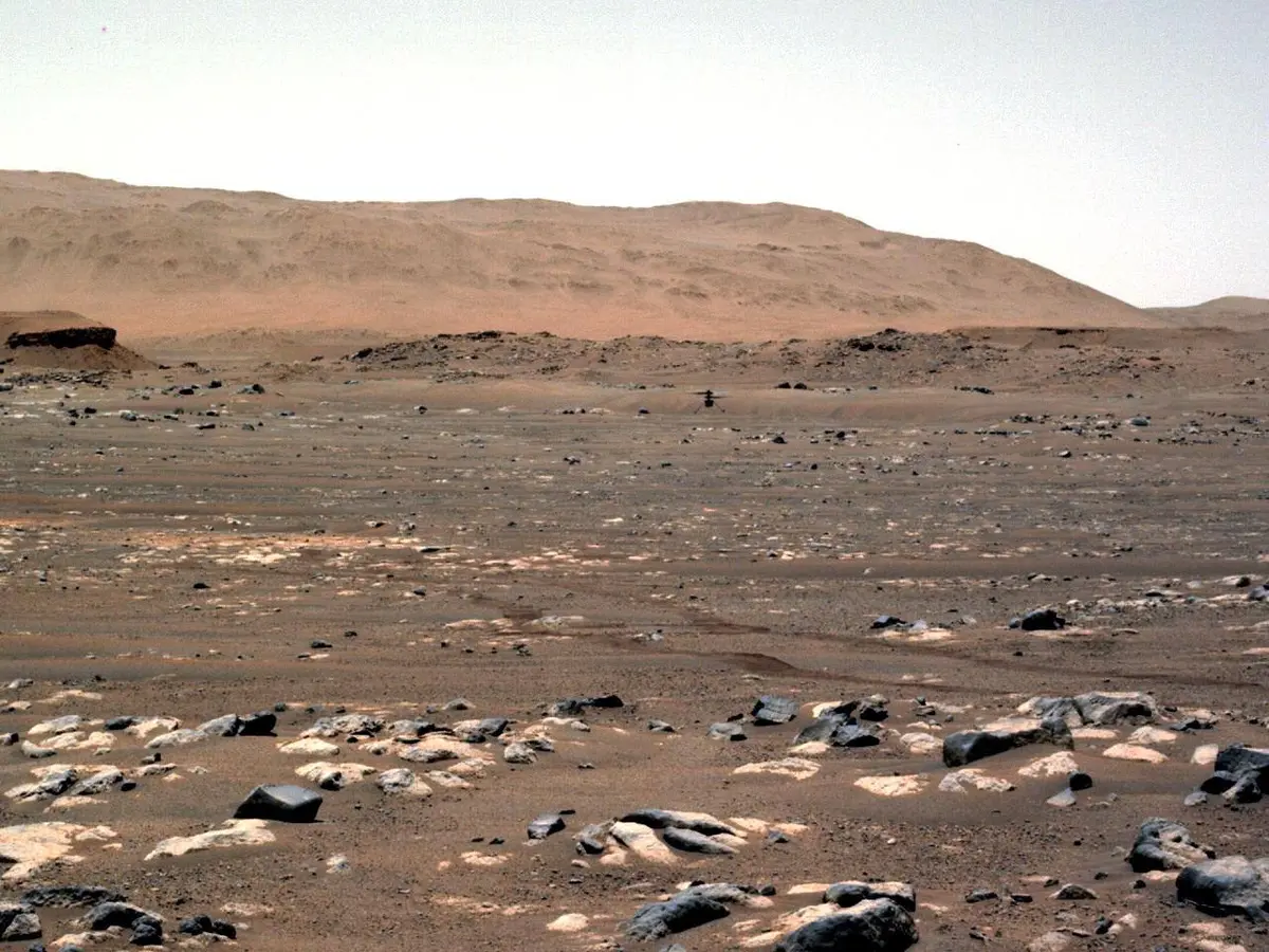 Ingenuity hovers over Wright Brothers Field on the first powered, controlled flight on another planet, seen by Perseverance's Navcam from 210 feet away, 19 April 2021