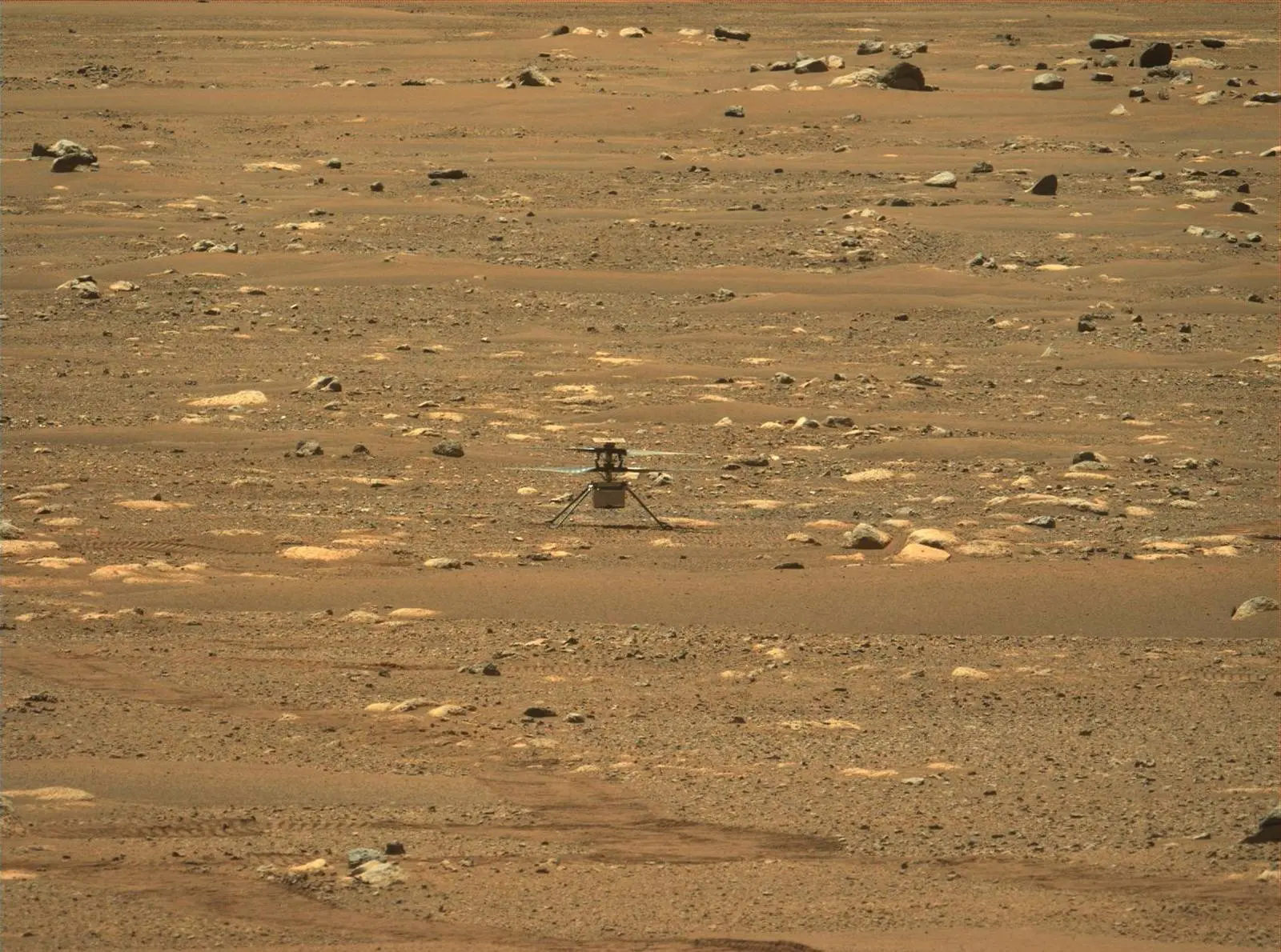 Perseverance's Mastcam-Z looks across Jezero Crater at Ingenuity, back on the ground after its first flight, 19 April 2021