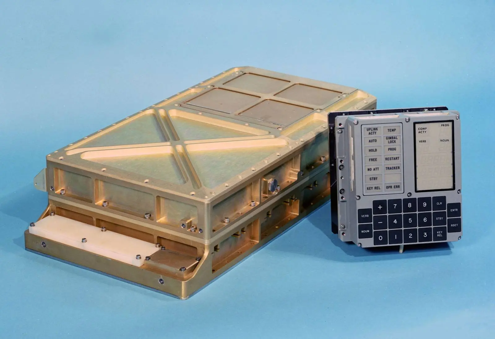 The Apollo Guidance Computer and its display and keyboard, the first computer built on integrated circuits in large numbers