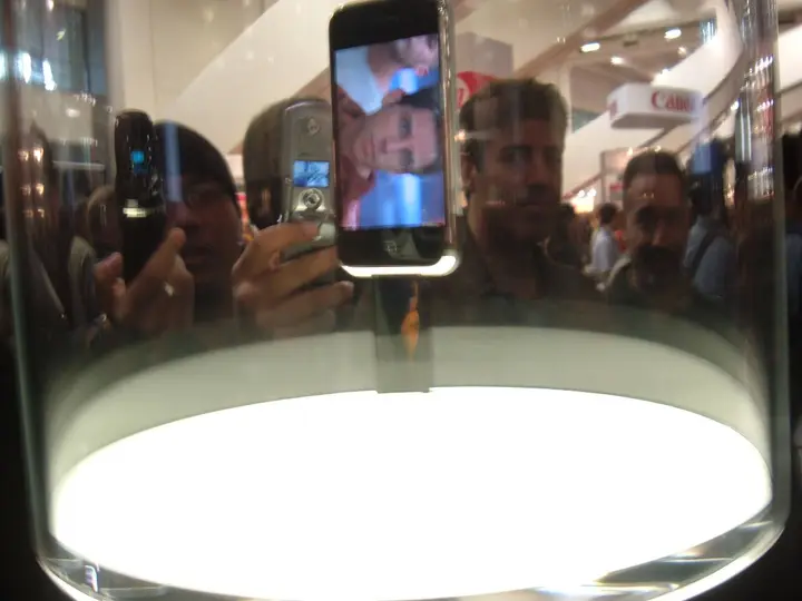 The iPhone on public display for the first time, under a glass dome at Macworld, 9 January 2007