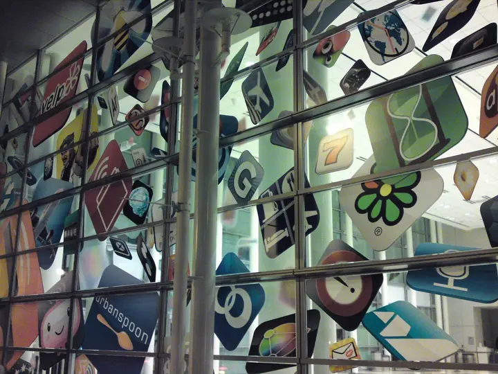 A wall of App Store icons at Moscone West during Apple’s 2009 developer conference