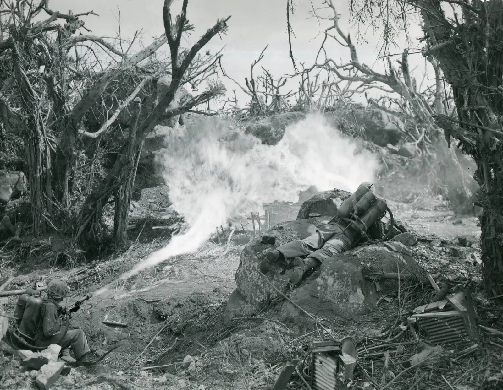 Pvt. Richard Klatt and PFC Wilfred Voegeli burn out Japanese defenses below Mount Suribachi, February 1945