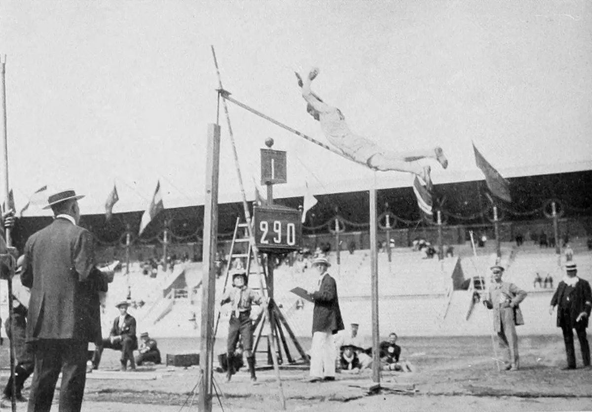 Thorpe clears the bar in the decathlon pole vault at Stockholm Olympic Stadium, July 1912