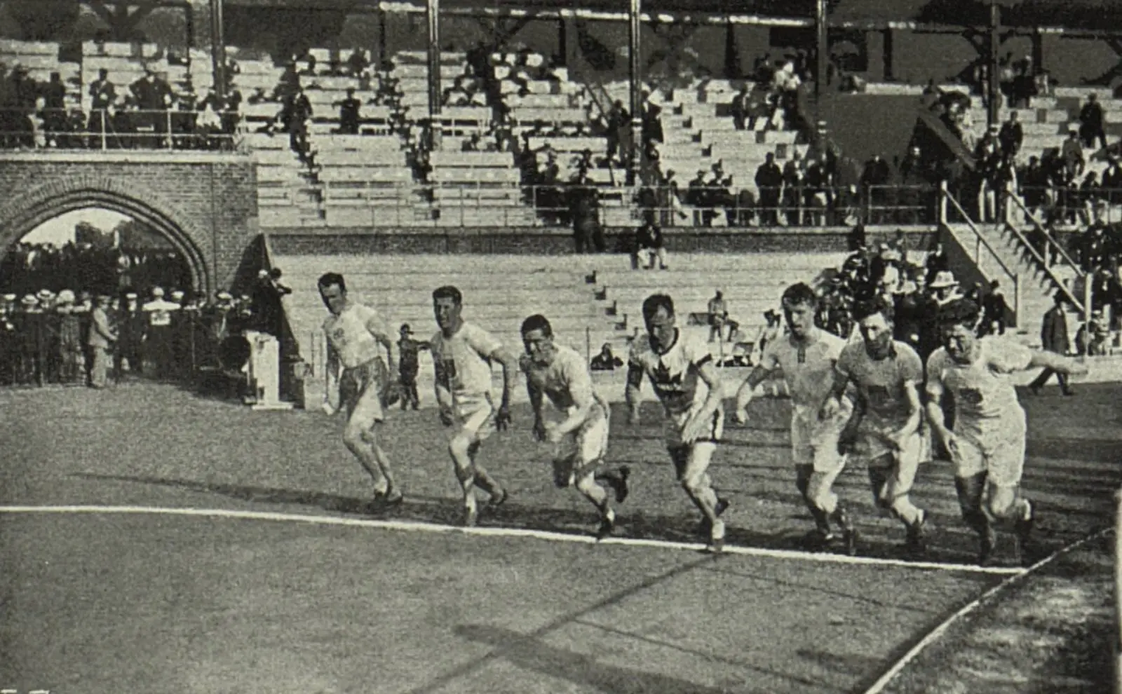 The start of the pentathlon 1,500 metres in Stockholm Olympic Stadium, 7 July 1912. Thorpe won the race in 4:44.8
